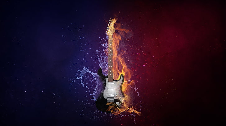 Chitarra elettrica, illustrazione di chitarra elettrica nera, musica, creativo, design, acqua, fuoco, chitarra elettrica, strumento, chitarra elettrica, Sfondo HD
