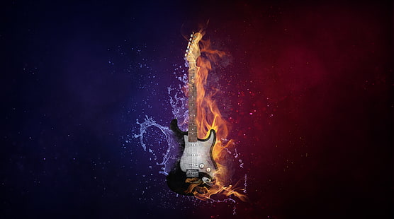 Guitarra eléctrica, ilustración de guitarra eléctrica negra, Música, Creativa, Diseño, Agua, Fuego, guitarra eléctrica, instrumento, guitarra eléctrica, Fondo de pantalla HD HD wallpaper