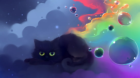 черная кошка иллюстрация, кот, окрас, шарики, рисунок, нянь, художник apofiss, HD обои HD wallpaper