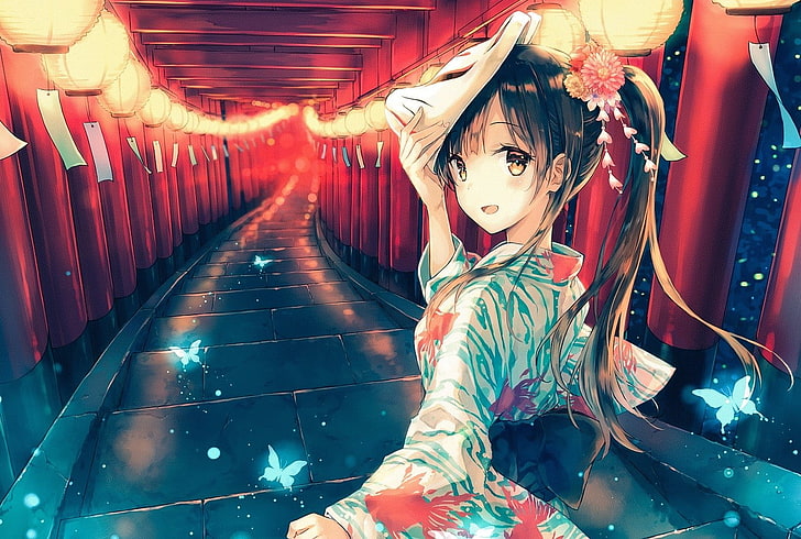 Anime, Anime Girls, Schmetterling, Blumen, japanische Kleidung, langes Haar, Maske, gelbe Augen, Yukata, Kimono, Hiten, HD-Hintergrundbild