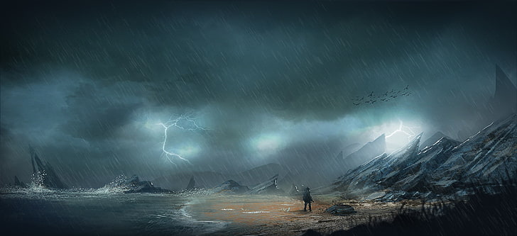 человек возле побережья и холмов иллюстрации, шторм, апокалипсис, цифровое искусство, футуристический, HD обои