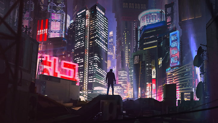Night, The city, Future, Neon, People, Building, Art, Cyberpunk, by Alexander Dudar, Alexander Dudar, Doubt, HD wallpaper