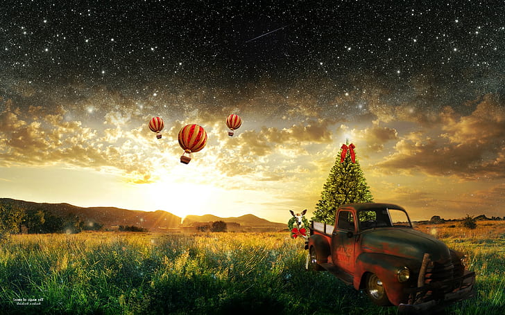 Андреа Андраде, суперкар, рождество, елка, девиантарт, воздушные шары, природа, снег, звезды, солнечные лучи, грузовики, HD обои