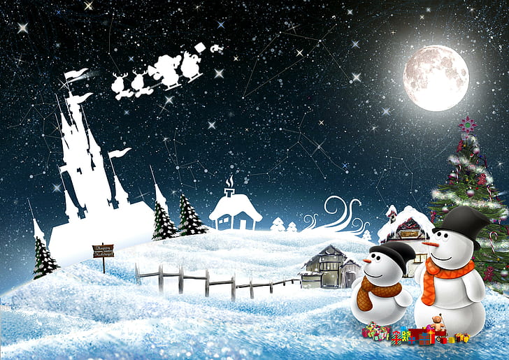new year, snowmen, night, greeting, holiday, christmas, new year, snowmen, night, greeting, holiday, christmas, HD wallpaper