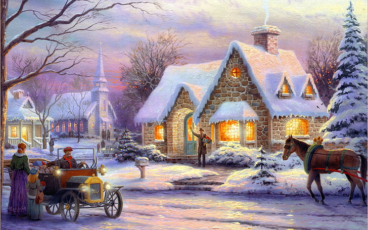 Рождественская деревня цифровые обои, зима, машина, ретро, ​​люди, конь, елка, комната, Рождество, городок, коробка, живопись, арт, снег, поздравления, Новый год, Томас Кинкейд, свет в окнах, коттедж, коттеджи, пост, приветствие, Воспоминания о Рождестве, HD обои