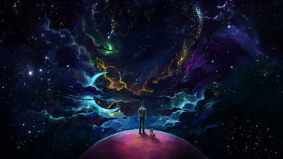 Pequeno príncipe, estrelas, lua crescente, espaço, cachorro, nuvens, nuvens, solidão, planeta, lua, céu noturno, HD papel de parede HD wallpaper