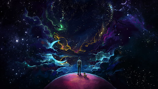 человек, стоящий на фиолетовом дне цифровое искусство, человек и собака, стоящие на фиолетовой планете перед галактикой космоса, космос, планета, луна, полумесяц, звезды, одиночество, ночное небо, облака, собака, кошки, маленький принц, вымышленные персонажи, HD обои HD wallpaper