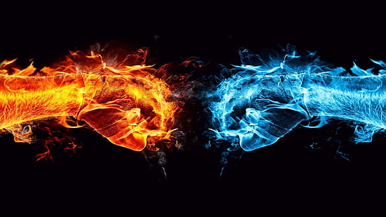 illustration av orange och blå flammande nävar, eld, vatten, nävar, händer, is, digital konst, HD tapet HD wallpaper