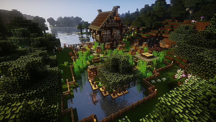 Farm, forest, grass, house, Minecraft, oak Trees, video games, water, HD wallpaper