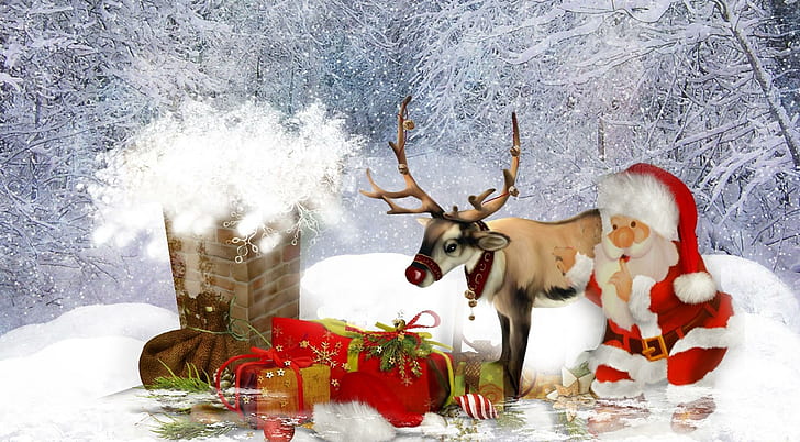 deer, santa claus, pipe, roof, gifts, christmas, deer and santa clause and gift box figurine, deer, santa claus, pipe, roof, gifts, christmas, HD wallpaper