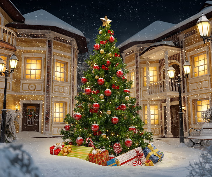 green Christmas tree illustration, christmas, winter, snow, decoration, christmas tree, HD wallpaper