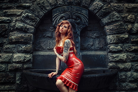 girl, pose, style, model, tattoo, latex, fountain, red, red dress, redhead, Julia Wendt, HD wallpaper HD wallpaper