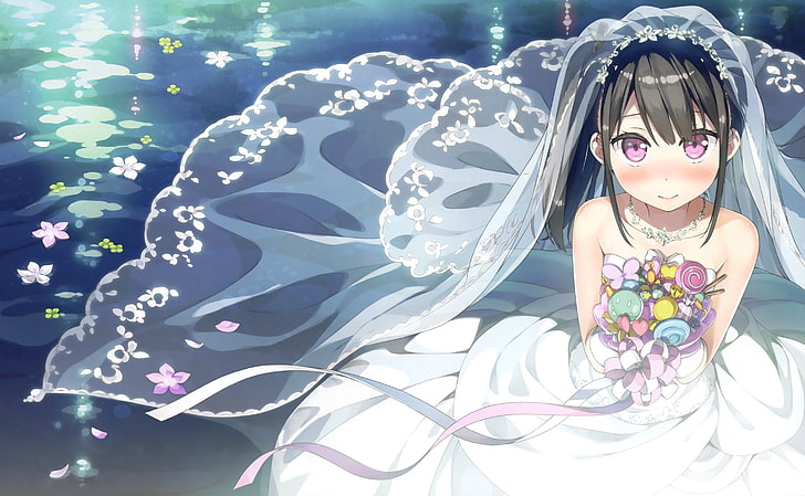 Chica anime, novia, cabello negro, flores, vestido de novia, Anime, Fondo  de pantalla HD | Wallpaperbetter