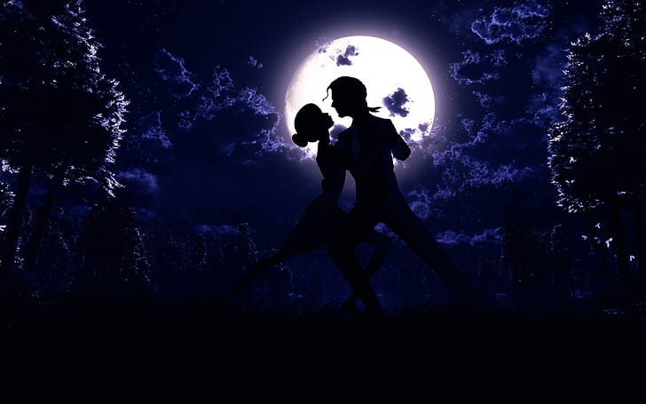 Mond, Nacht, Paar, Tanz, Liebe, Silhouette, Kunstbilder, Silhouette von Mann und Frau, die unter Vollmond tanzen, Mond, Nacht, Paar, Tanz, Liebe, Silhouette, Kunst, Bilder, HD-Hintergrundbild