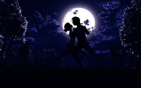Moon, night, pair, dance, love, silhouette, art pictures, silhouette of man and woman dancing under full moon, Moon, Night, Pair, Dance, Love, Silhouette, Art, Pictures, HD wallpaper HD wallpaper