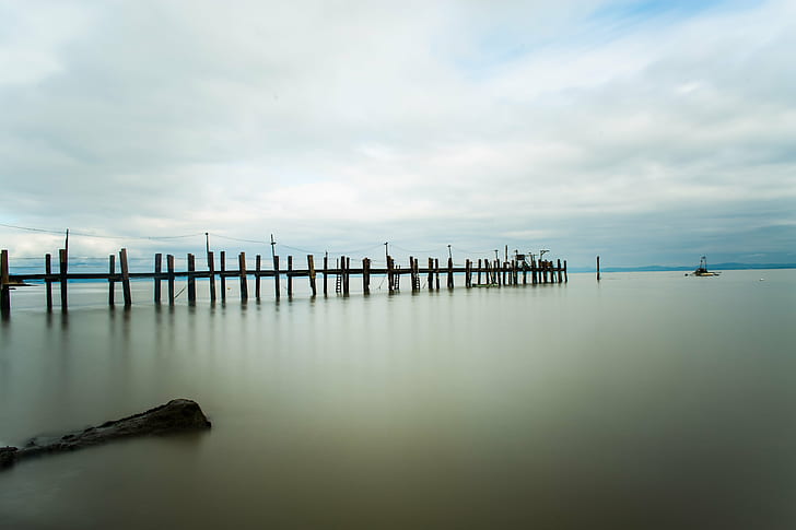 panoramic photography of black wooden boat dock under gray sky, Things, Being Alone, panoramic photography, boat dock, California, China Camp State Park, Marin County, San Rafael, USA, United States of America, pier, sea, jetty, nature, water, sky, HD wallpaper