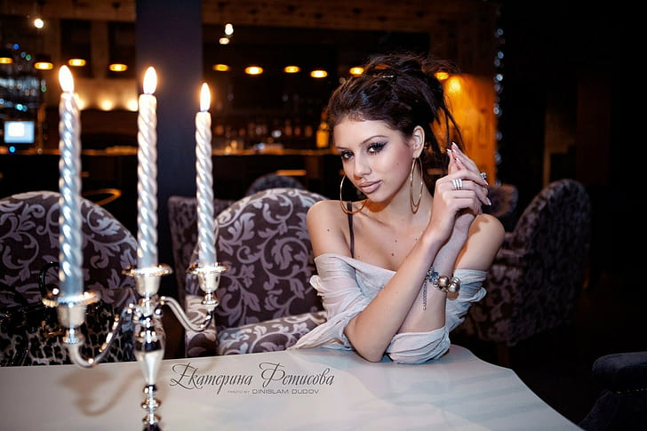 hoop earrings, Ekaterina Fetisova, brunette, Dinislam Dudov, candles, women, HD wallpaper