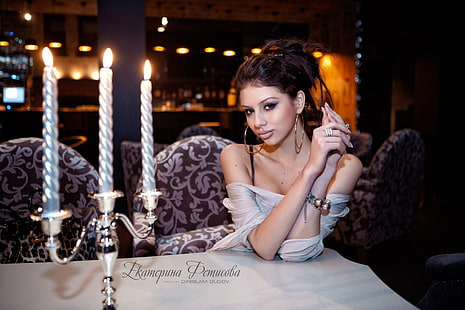 жени, брюнетка, Екатерина Фетисова, свещи, обеци на обръч, Динислам Дудов, HD тапет HD wallpaper