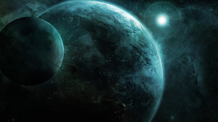 two round planets wallpaper, space, planet, Moon, digital art, orbits, blue, stars, space art, lens flare, HD wallpaper