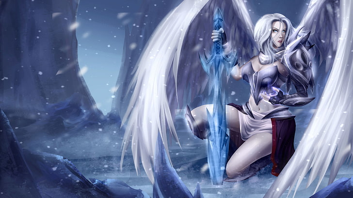 Anioł trzymający niebieski miecz ilustracja, sztuka fantasy, anioł, miecz, skrzydła, śnieg, Tapety HD