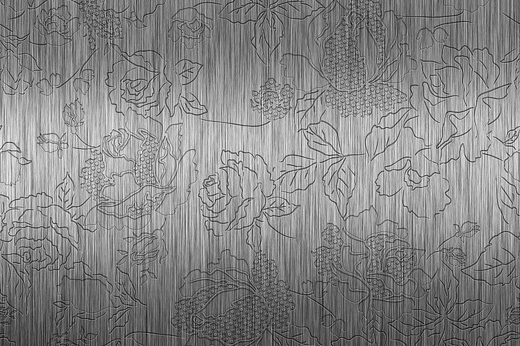 esboço de flores negras, metal, padrão, aço, rosas, em relevo, HD papel de parede