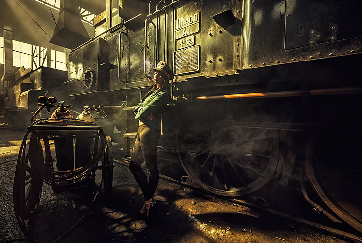 brown trolley painting, girl, the engine, depot, smokes, dangerous, Steampunk, for life, Workshop, HD wallpaper