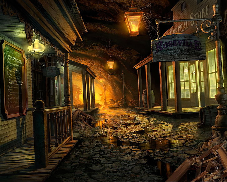 brown wooden house painting, street, building, lights, puddles, cave, Mystery Case Files, Return to Ravenhearst, HD wallpaper