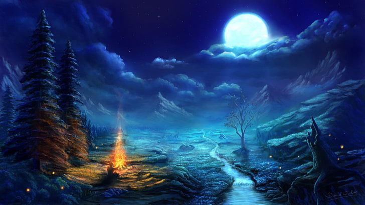 ilustração da floresta, arte digital, arte da fantasia, natureza, paisagem, noite, lua, fogo, árvores, pinheiros, homens, fluxo, nuvens, árvores mortas, fogueira, HD papel de parede