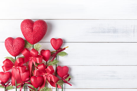  love, heart, hearts, red, bow, wood, romantic, valentine's day, HD wallpaper HD wallpaper