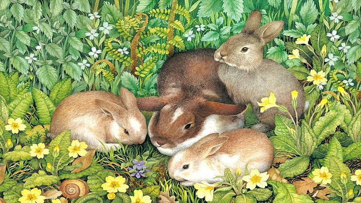 Conejos de primavera, primavera, primaveras, conejos, conejitos, violetas, flores, pintura, Fondo de pantalla HD
