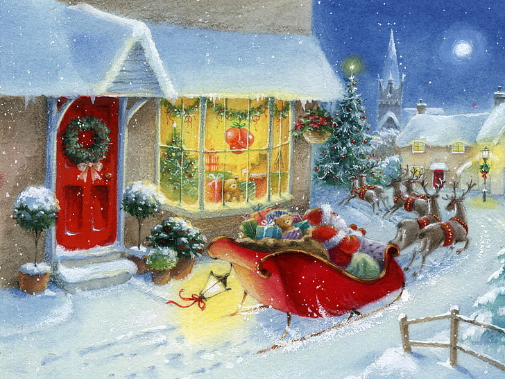 Santa Claus, winter, snow, toys, tree, new year, home, gifts, Santa Claus, HD wallpaper