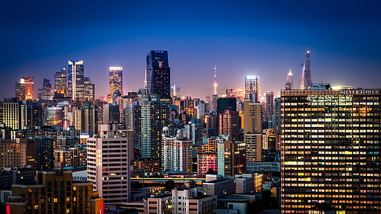 foto sudut tinggi bangunan tinggi, foto pemandangan bangunan kota pada malam hari, pemandangan kota, Shanghai, Wallpaper HD HD wallpaper