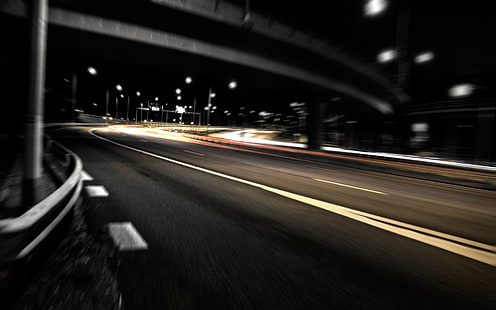 czarny asfalt, ulica, noc, ulica, długi czas naświetlania, ruch miejski, Tapety HD HD wallpaper