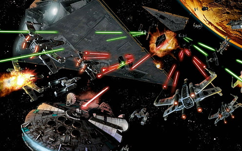 Kadr z filmu Star Wars, Star Wars, Millennium Falcon, statek kosmiczny, bitwa, Star Destroyer, X-wing, science fiction, Tapety HD HD wallpaper