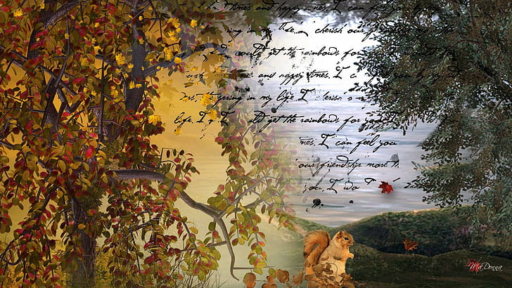 Fleeting Summer, quotes illustration, lake, fall, color, leaves, letter, pond, water, trees, poetry, squirrel, summer, season, autumn, 3d and, HD wallpaper