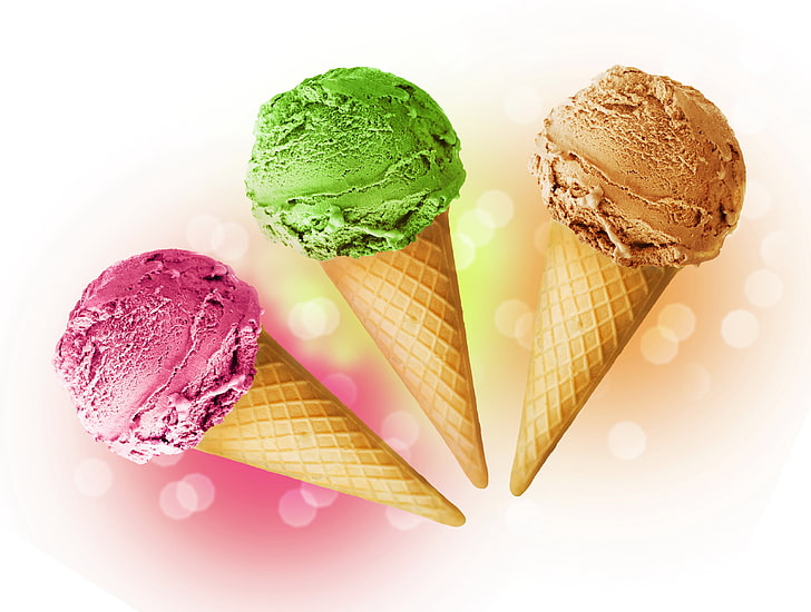 three coned ice creams wallpaper, ice cream, tube, variety, HD wallpaper