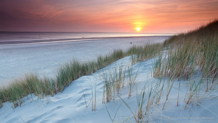 Pôr do sol sobre o mar do Norte, Ameland, Holanda, praias, HD papel de parede