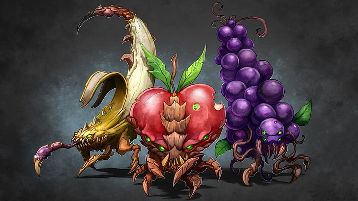 несколько монстров банан, яблоко и виноград иллюстрация, рисунок, фрукты, виноград, яблоко, банан, HD обои