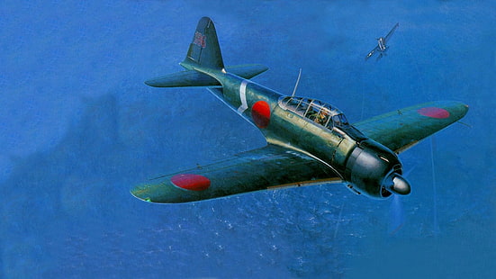 зелен боен самолет, Япония, Втората световна война, нула, Мицубиши, самолет, военен, военен самолет, самолет, японски, произведения на изкуството, HD тапет HD wallpaper