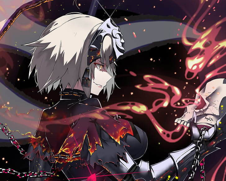 Fate Series, Fate / Grand Order, Avenger (Fate / Grand Order), Chain, Fate (Series), Flame, Jeanne d'Arc Alter, Short Hair, Skull, Smile, White Hair, Yellow Eyes, HD тапет
