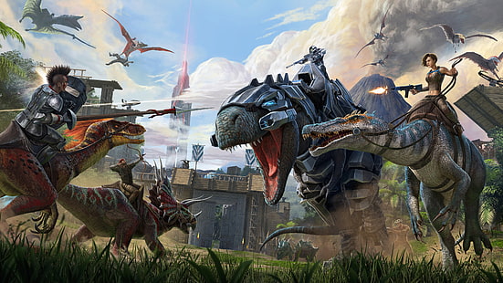  Video Game, ARK: Survival Evolved, Battle, Dinosaur, HD wallpaper HD wallpaper