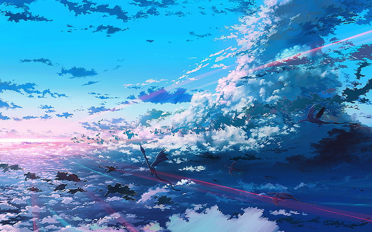 два дракона летающие цифровые обои, фэнтези арт, дракон, небо, аниме, цифровое искусство, природа, облака, произведения искусства, голубой, розовый, HD обои