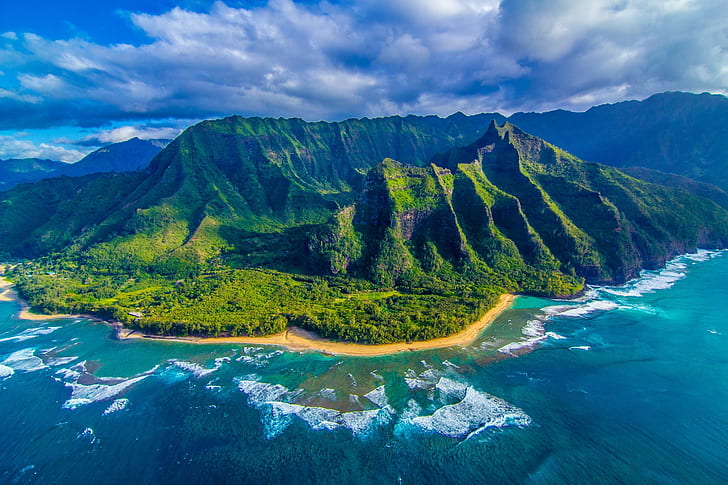 Остров, Хавай, зелен тропически остров, остров, Хавай, океан, природа, панорама, HD тапет