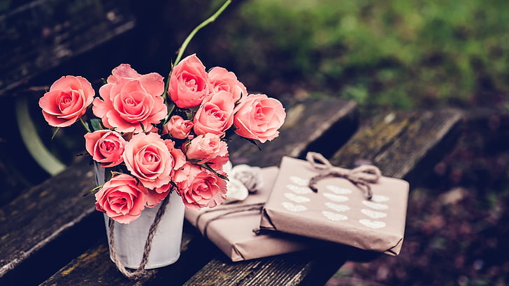 розови розови цветя, подаръци, пейка, роза, цветя, букети, HD тапет