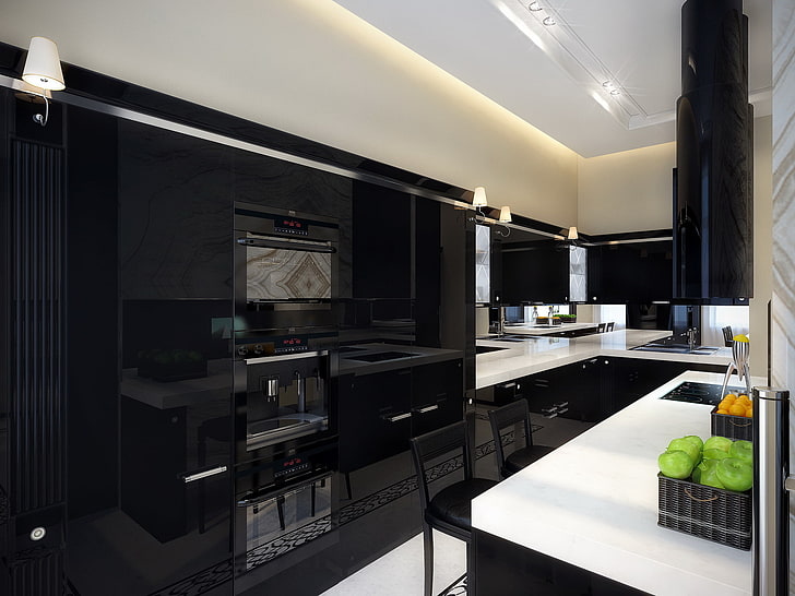 черно-белая кухня, дизайн, стиль, светильник, мебель, кухня, модерн, интерьер, шкафы, вытяжка, стул., desogn, Technica, HD обои