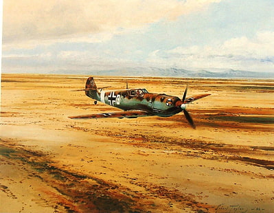 Pintura de biplano verde azulado y naranja, Messerschmitt, Messerschmitt Bf-109, Segunda Guerra Mundial, Alemania, aviones militares, Luftwaffe, avión, militar, desierto, Fondo de pantalla HD HD wallpaper
