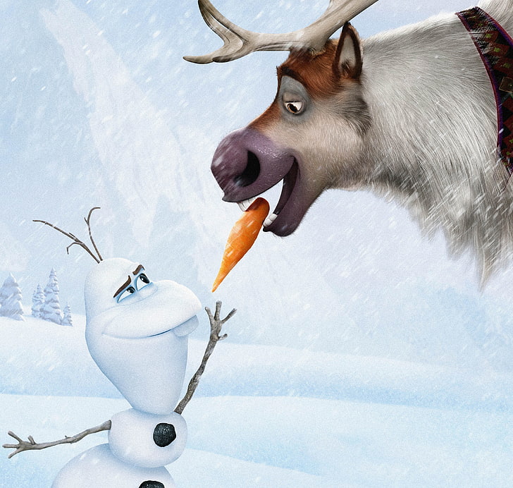 Disney Frozen Olaf, сняг, лед, елен, морков, снежен човек, Frozen, Kingdom, Walt Disney, animation, 2013, Cold Heart, Olaf, Arendelle, Arundel, Sven, HD тапет