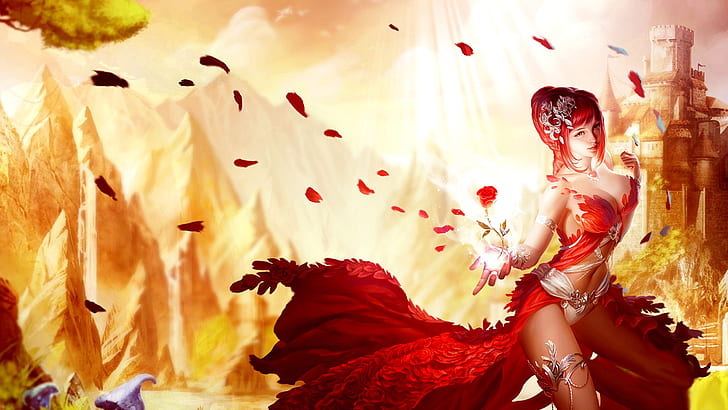 Amora Romantic Girl Red hair and dress Castle League of Angels HD Wallpapers 1920×1080, HD wallpaper