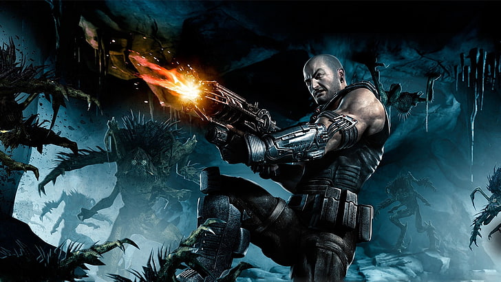 man holding fire digital wallpaper, red faction armageddon, shooting, soldier, gun, monsters, HD wallpaper