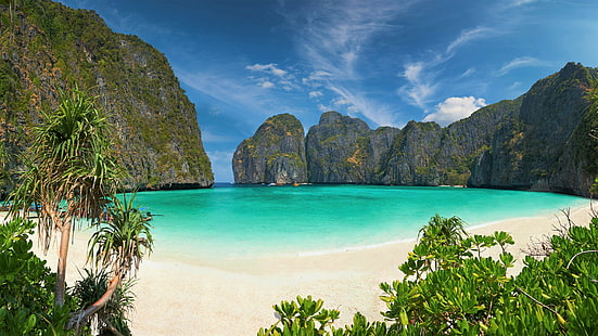 地球、島、ビーチ、海、ピピ島、岩、海、タイ、ツリー、ターコイズ、 HDデスクトップの壁紙 HD wallpaper